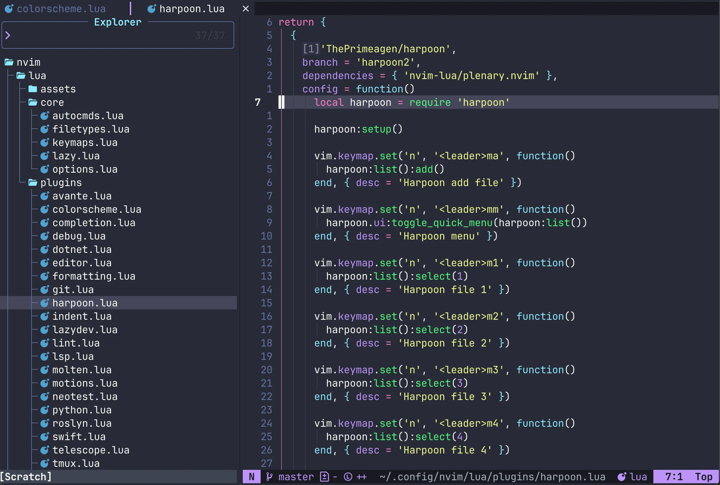 Neovim with the Snacks explorer open next to a Lua plugin spec, dracula colorscheme with transparent background
