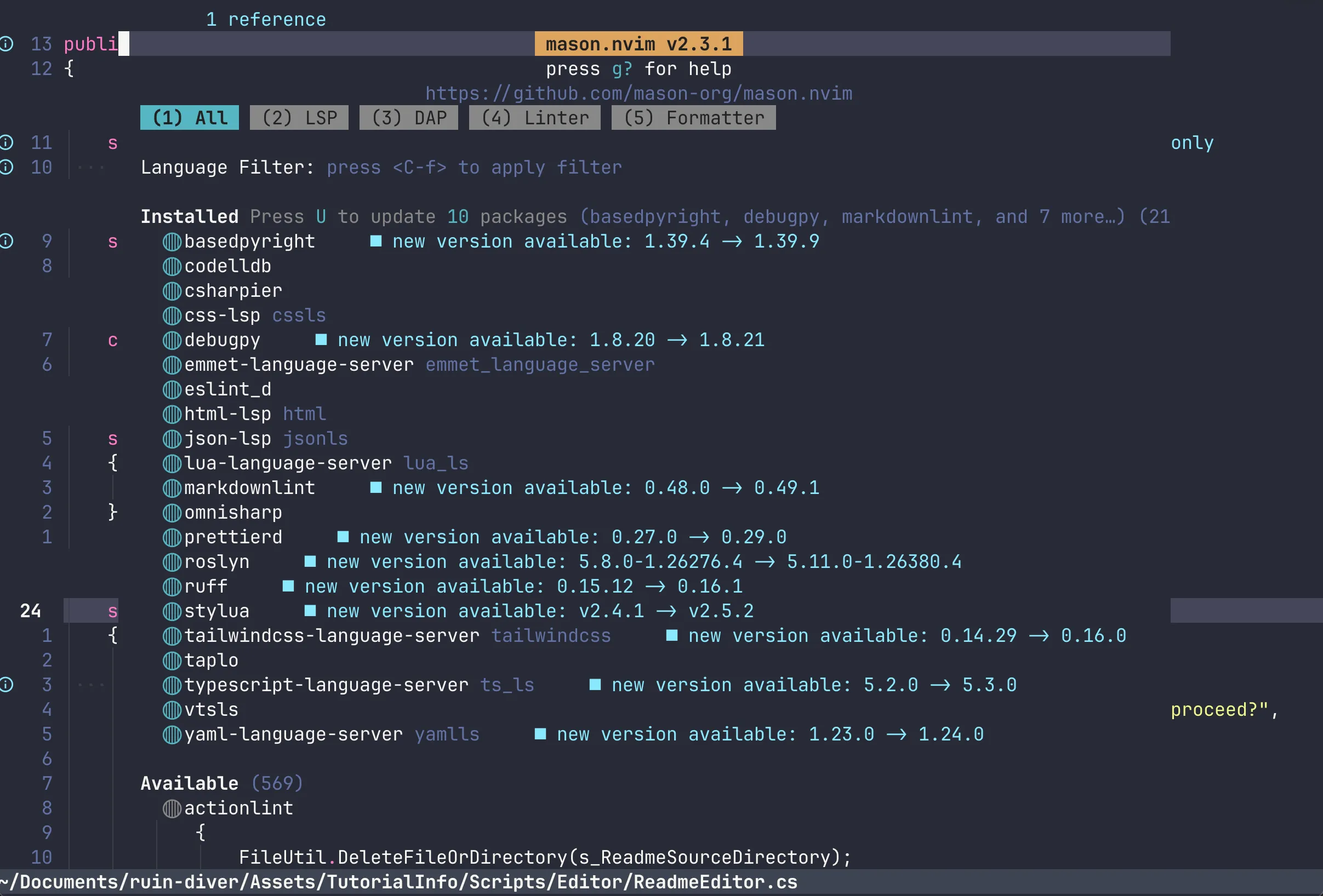 Mason UI listing installed language servers, formatters, and linters with available updates
