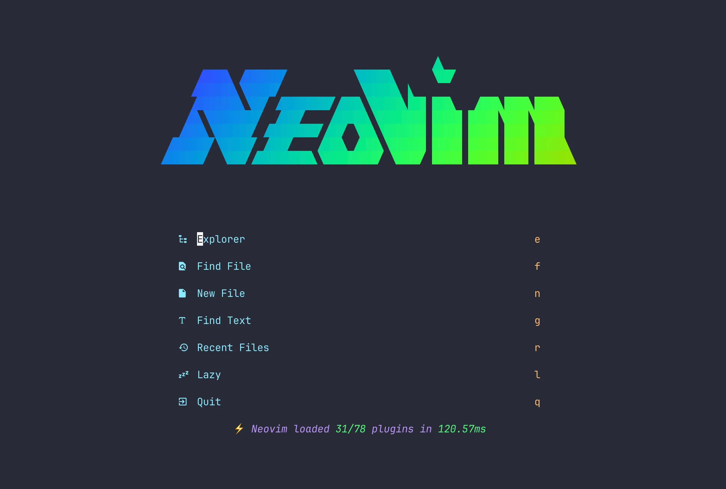 Neovim splash screen: Snacks dashboard with a rainbow Neovim wordmark, quick actions, and 31/78 plugins loaded in 120ms