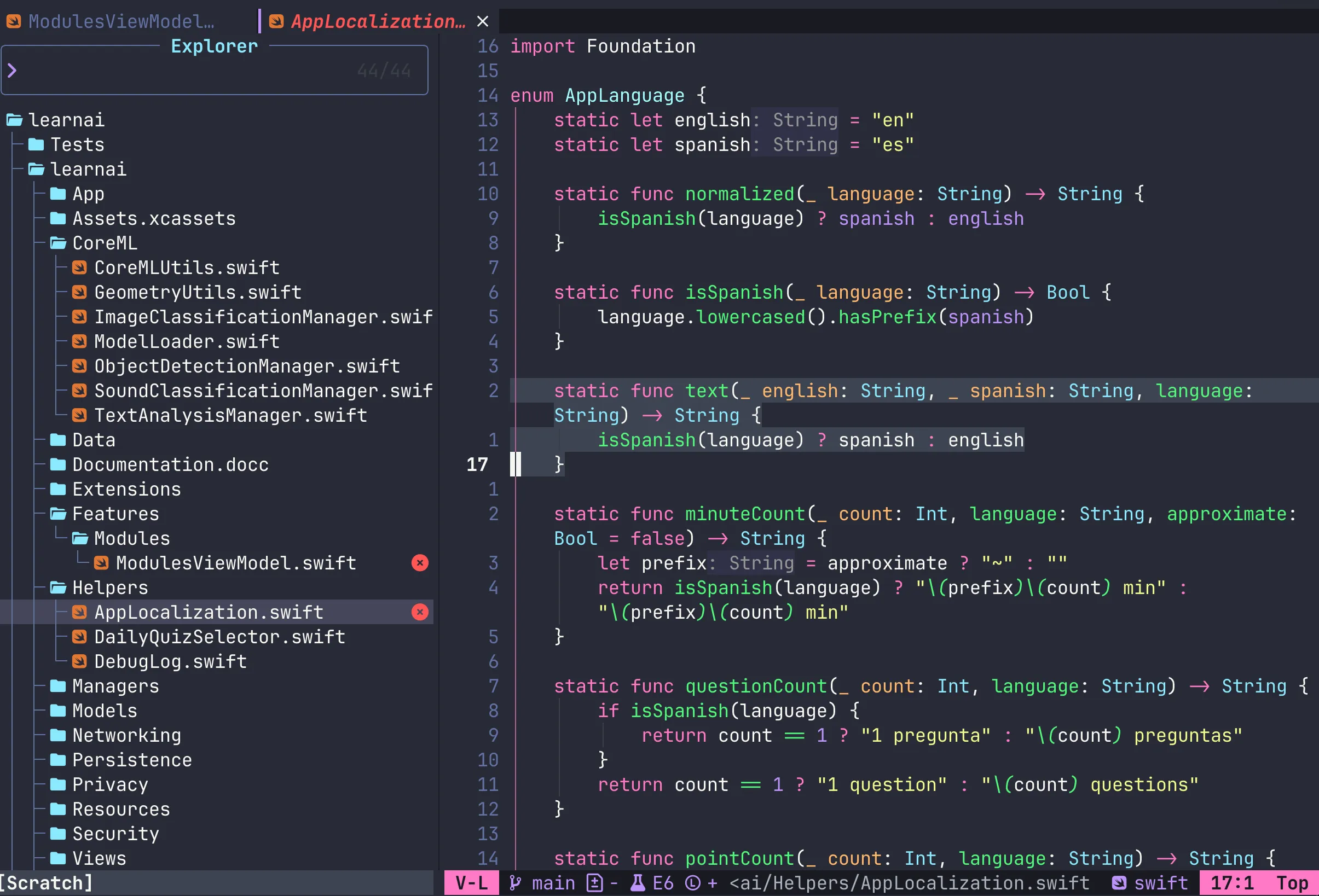 Swift iOS project open in Neovim: file explorer with an Xcode project tree and sourcekit-lsp highlighting Swift code