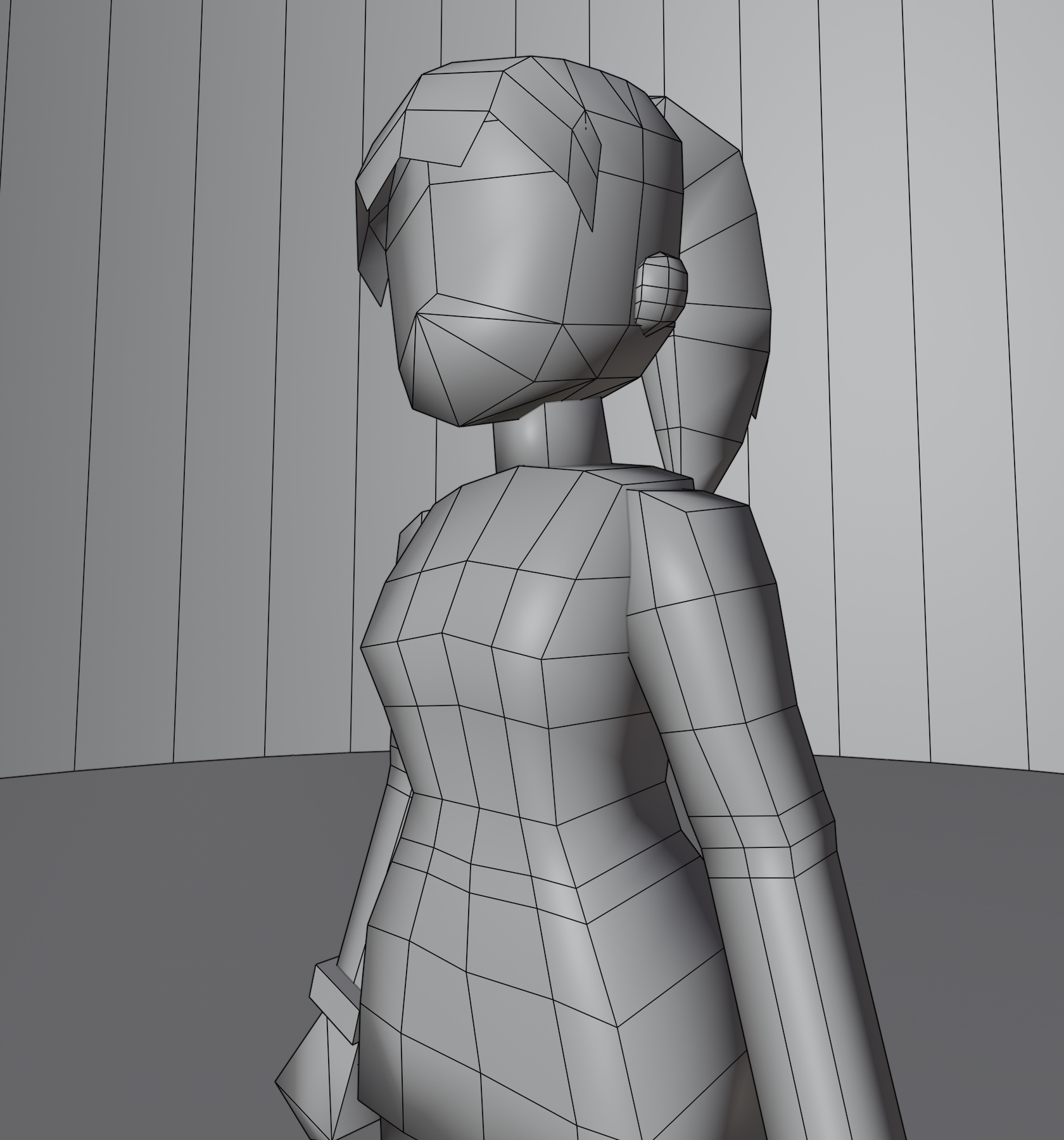 Over-the-shoulder view of an untextured low-poly girl model in Blender, gray clay shading with the wireframe visible.