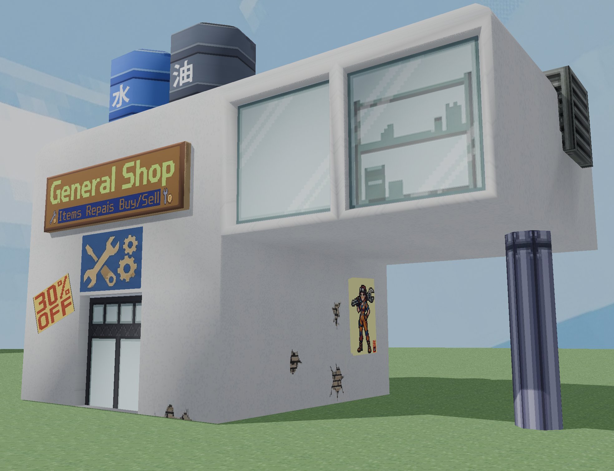 Front of the General Shop: sign reading Items Repais Buy/Sell, tool poster, 30% off sticker, big glass storefront with shelf silhouettes, kanji-labeled barrels on the roof.