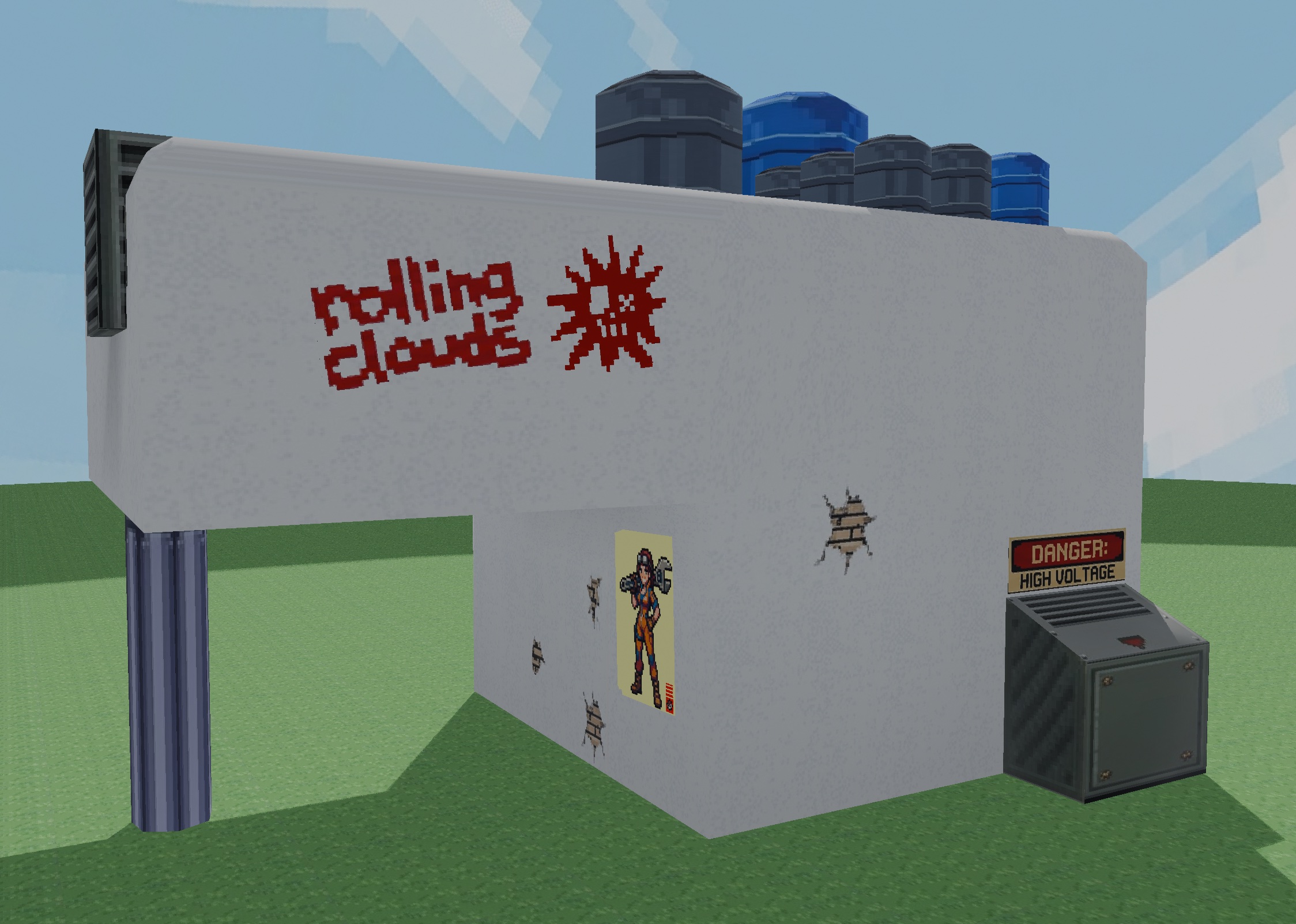 Back of the shop with red rolling clouds graffiti, a mechanic girl poster, a high-voltage unit and more rooftop barrels.