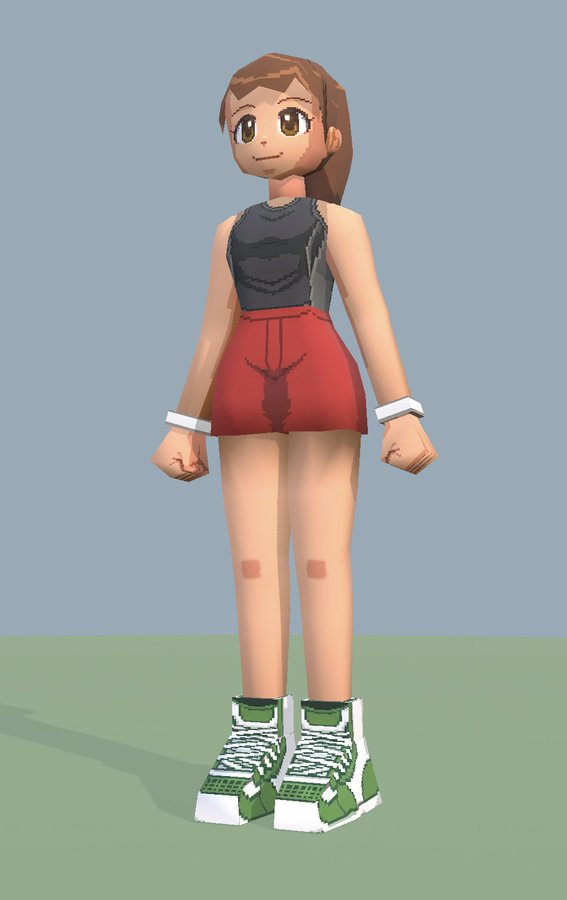 Front three-quarter view of the gym girl NPC: brown ponytail, dark tank top, red shorts, green and white sneakers.