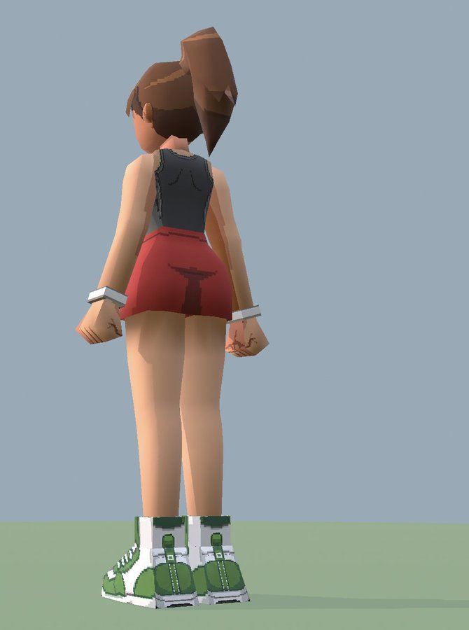 Back view of the gym girl showing the ponytail and sneaker detail.