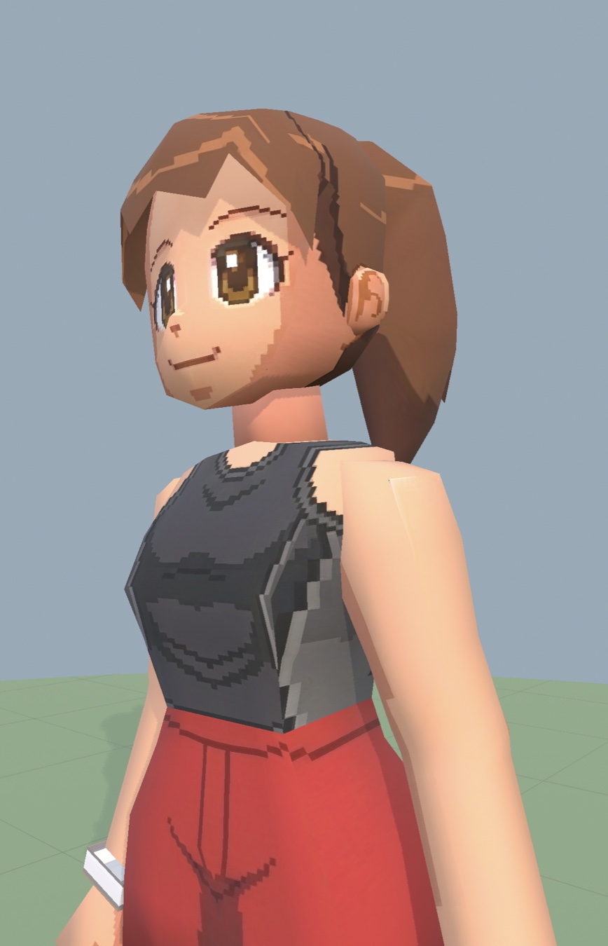 Side close-up of the gym girl from the shoulders up: pixel-art painted face and eyes, low-poly ponytail, tank top and red shorts.
