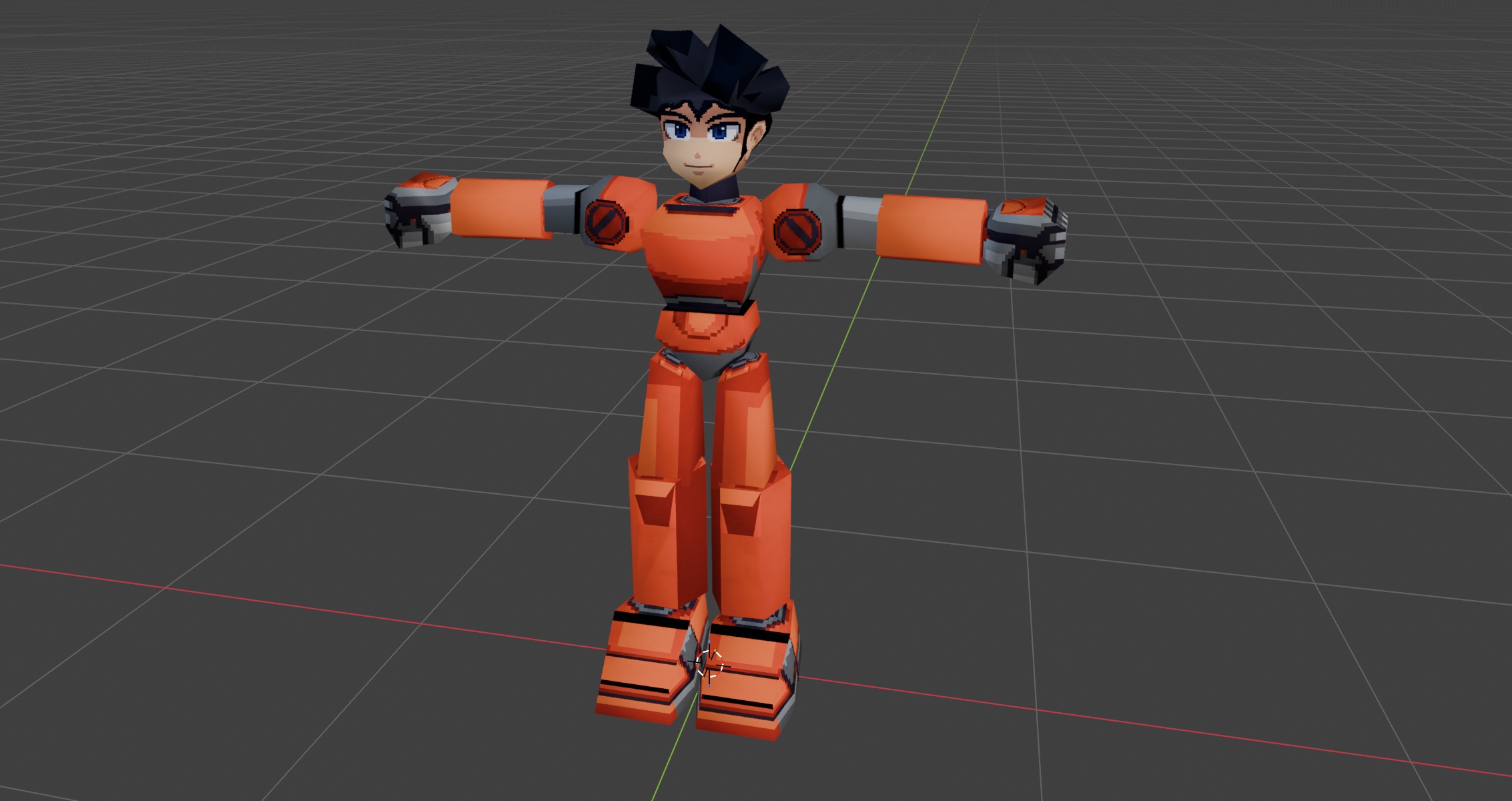 Front view of the player model in Blender: orange segmented armor, spiky black hair, T-pose over a dark grid.