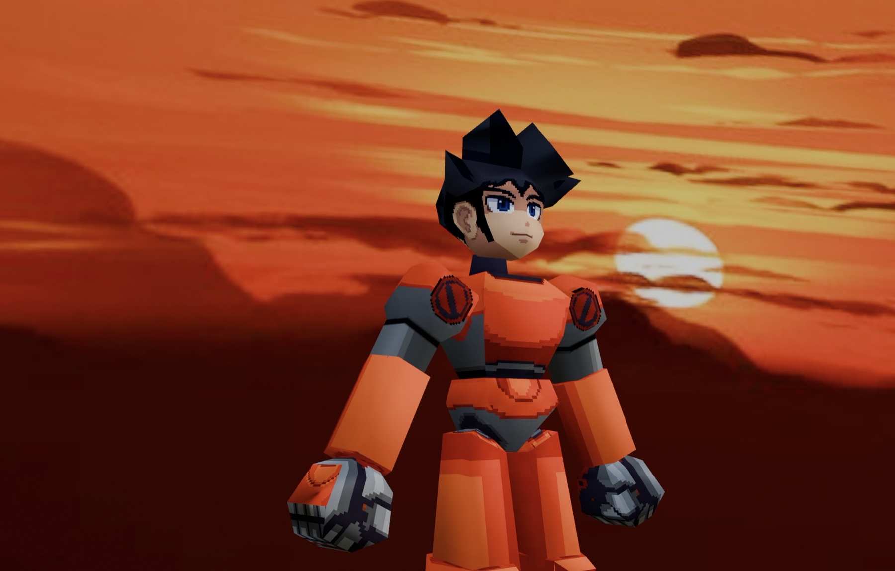 The armored player character from the chest up against a low-poly orange sunset, the sun half-hidden behind dark clouds.