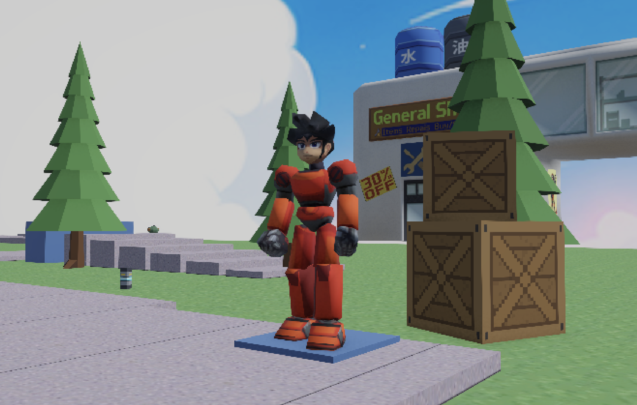 The player character in red armor standing on a blue spawn pad, with wooden crates, low-poly pine trees and the General Shop in the background.