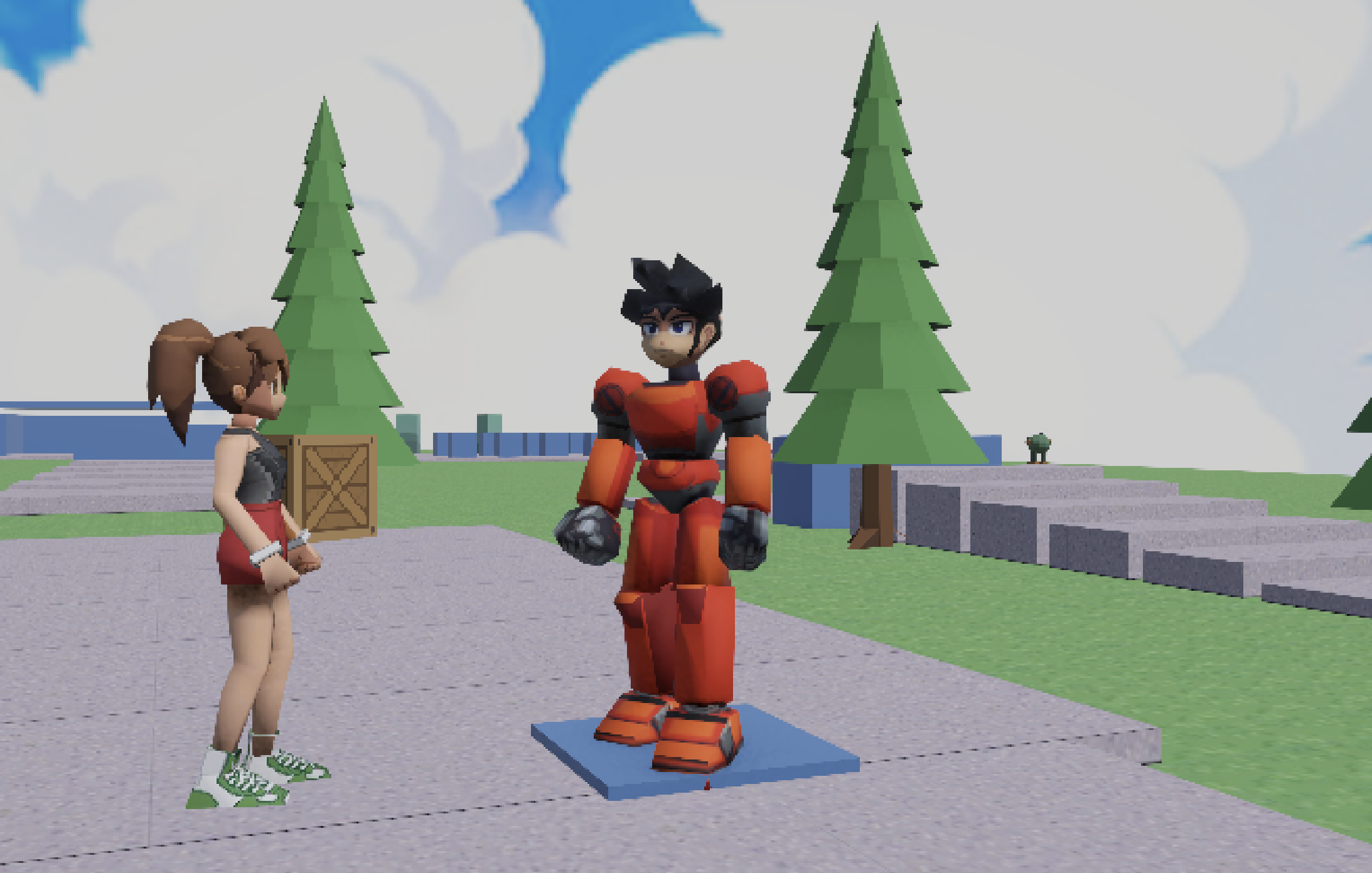 The gym girl NPC standing near the armored player character on the tiled course, pine trees behind them.