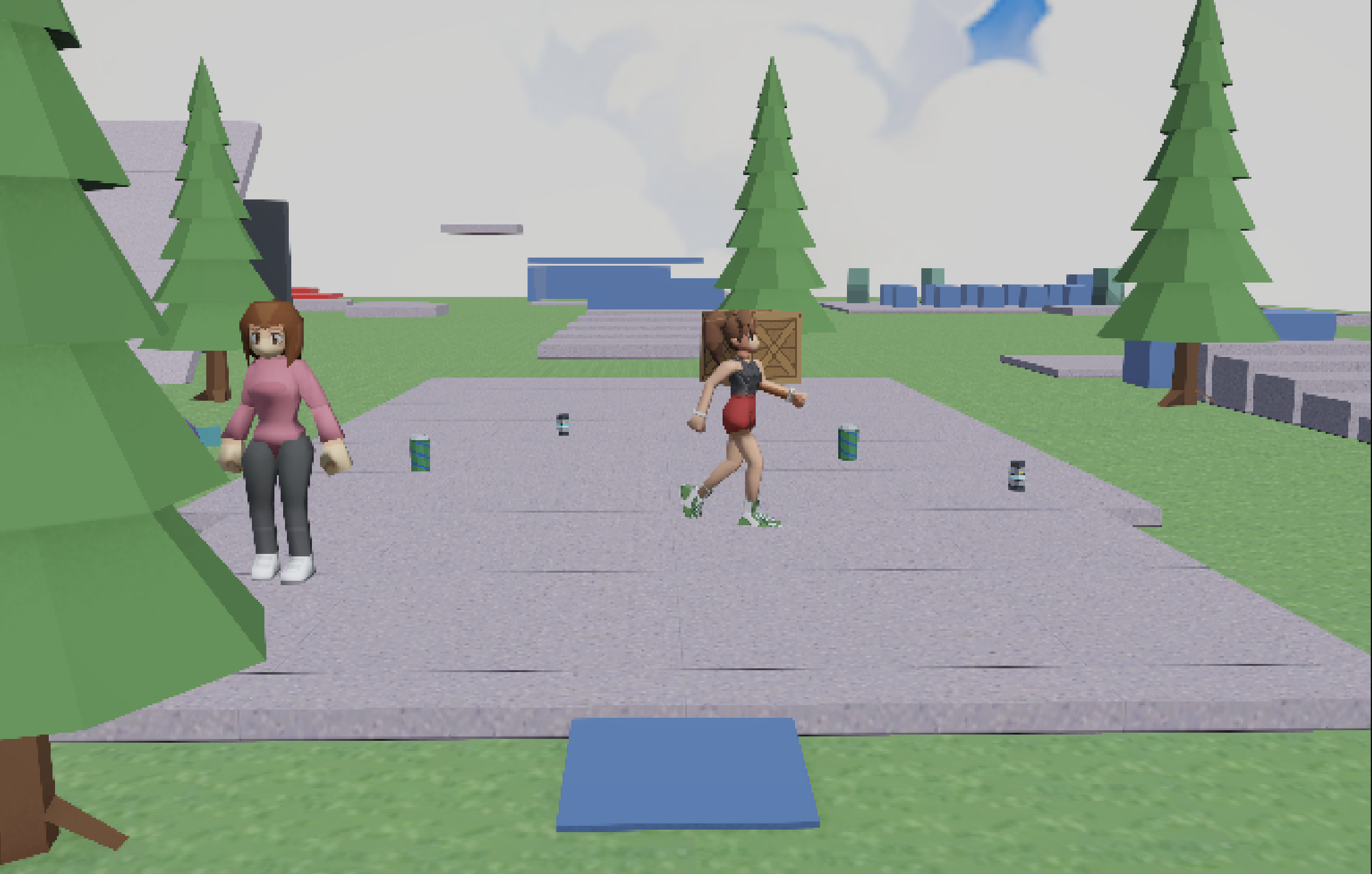 Wide gameplay shot: two NPCs on the stone-textured course surrounded by grass, pines, pickups and distant platforms.